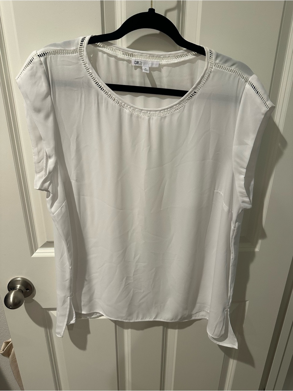 DR2 White Cap-Sleeve Openwork Trim Blouse